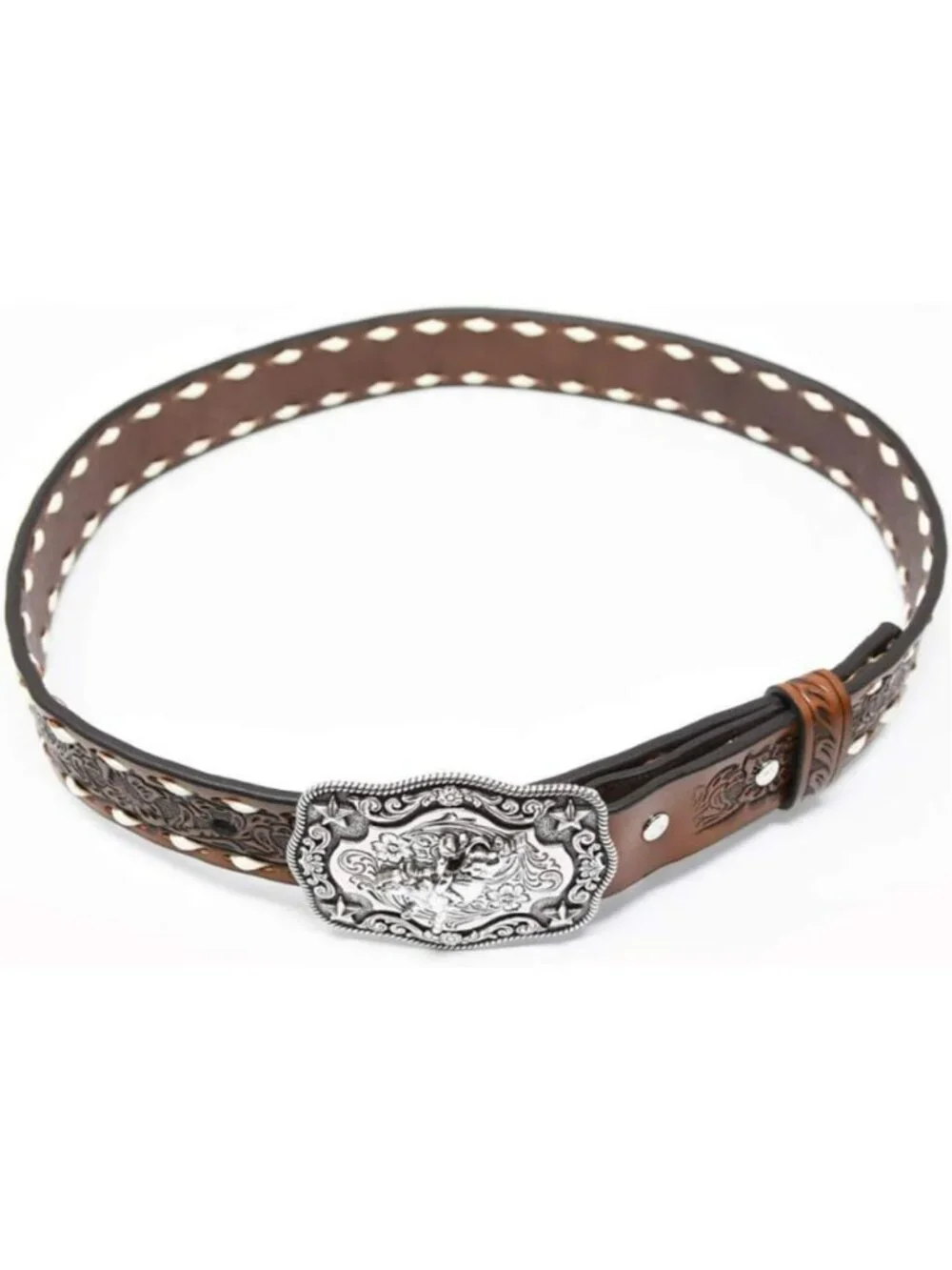 Boys' Brown Floral Tooled Western Boots with Buckstitching & Stylish Buckle